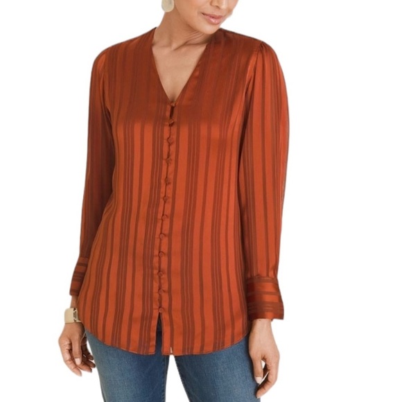 Chico’s Rust Shadow Stripe Long Sleeve Blouse Size 4/6 NEW - Picture 1 of 9